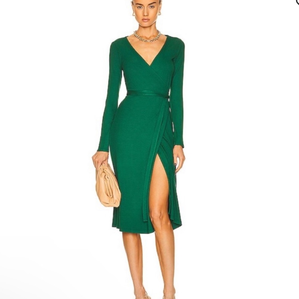 Enza Costa Ribbed Everyday Long Sleeve V-Neck Forest Green Wrap Dress M